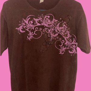 Y2K Brown Pink Cross Rhinestone Shirt